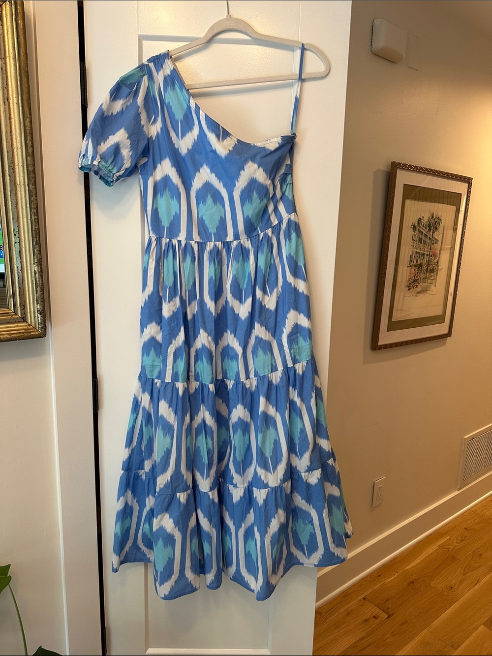 Oliphant One Shouldered Tiered Maxi Dress Geometric Print Size M